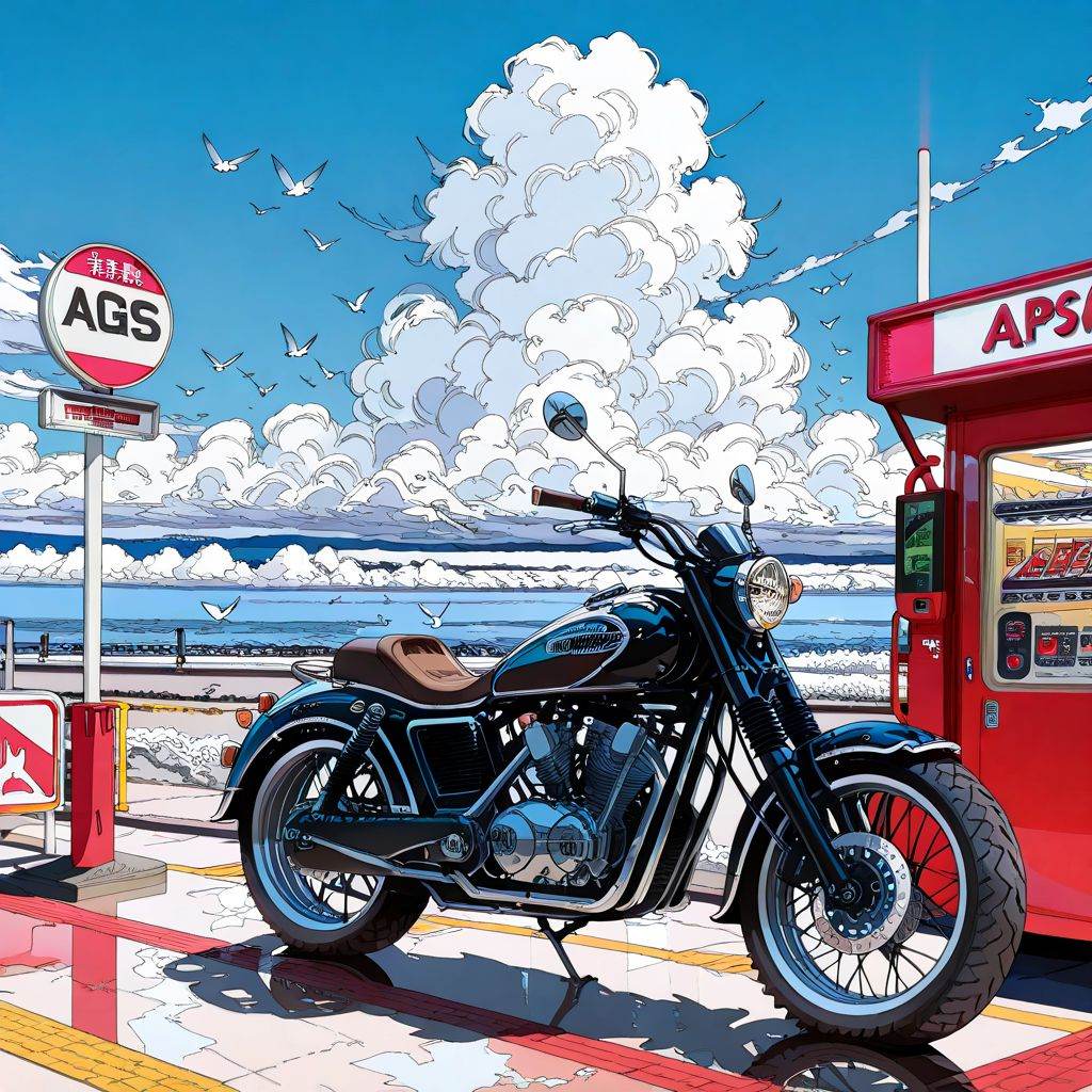 A gas station along the coast,  blue sky,  white clouds on Tensor.Art