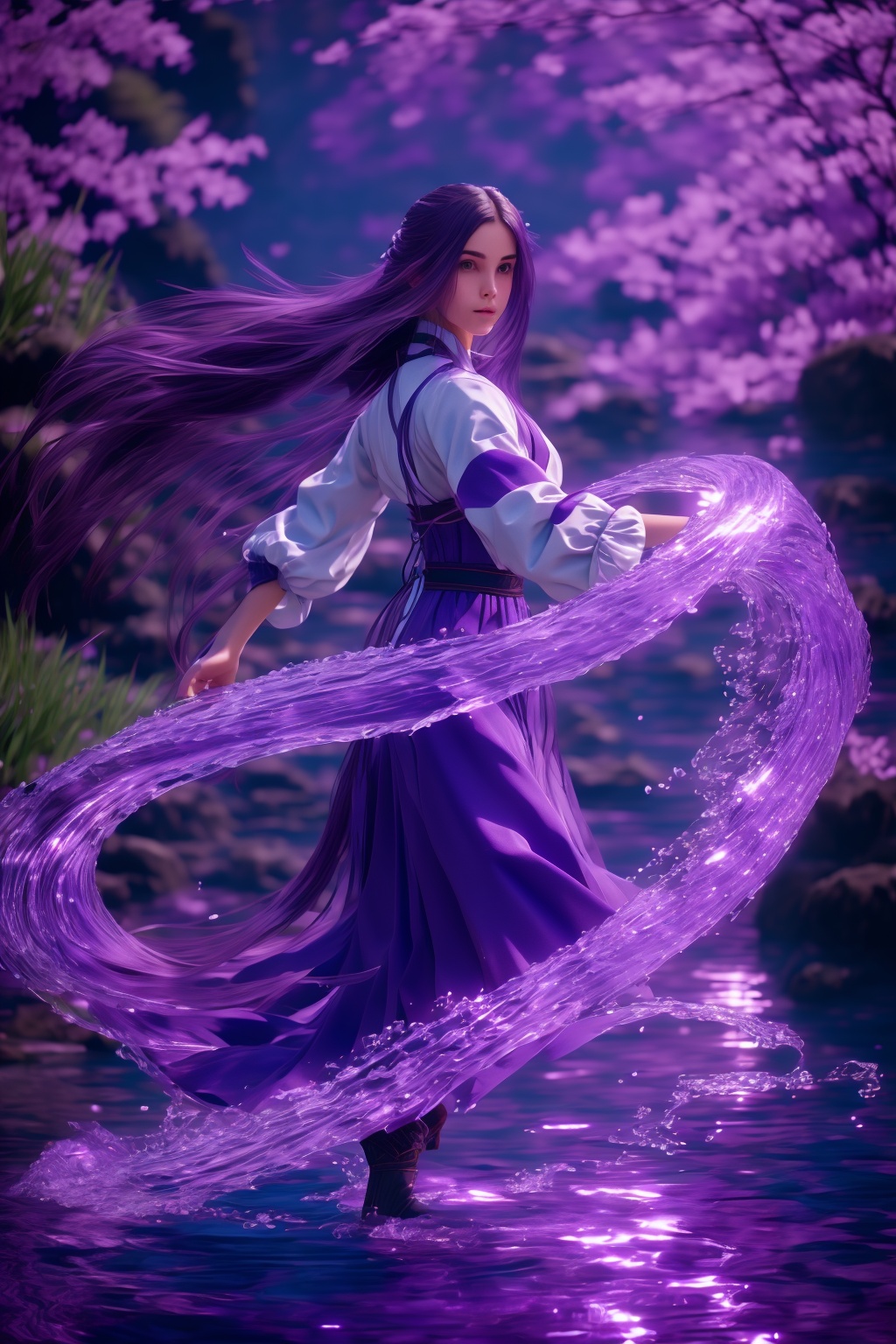 purple-water-aura,using purple-water-magic,purple-water-magic,ancient-costume,dancing,fighting stance,1girl,solo,long hair,brown hair,<lora:magic_fighting_purple_512_15:0.8>,