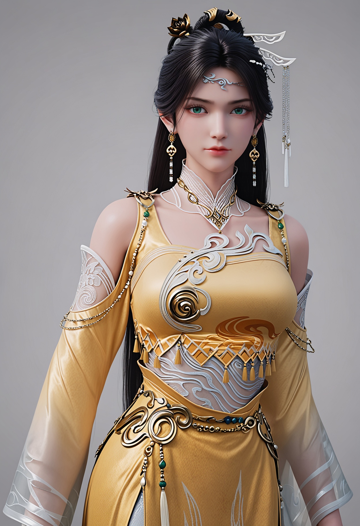 score_9,high detail,best quality,cinematic lighting,volumetric lighting,shiny skin,shiny,1girl,solo,green_eyes,breasts,white_background,jewelry,earrings,dress,realistic,hair ornament,black hair,long hair,yellow dress,closed mouth,simple background,bare shoulders,chinese clothes,long sleeves,detached sleeves,shoulder cutout,looking_at_viewer,upper_body,<lora:QQSponyjinpingerV1:0.8>,<lora:Pony_DetailV2.0:0.8>,<lora:皮肤凹痕:0.1>,