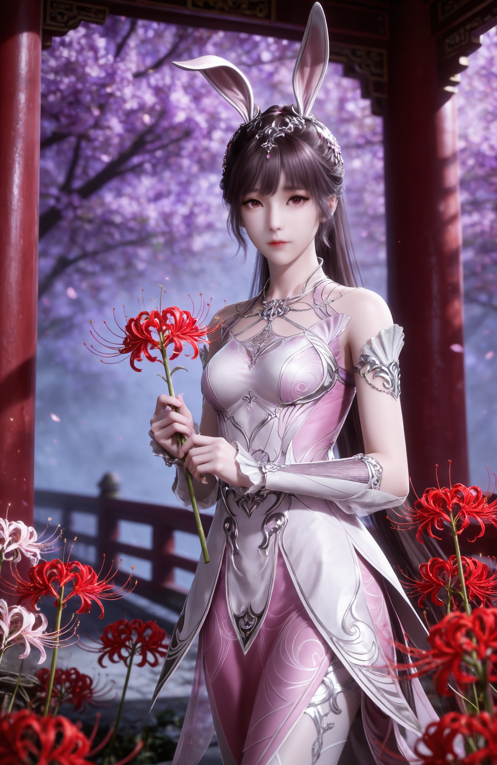 <lora:斗罗大陆-小舞IL:0.7> 1girl, solo, long hair, brown hair, hair ornament, dress, thighhighs, holding, animal ears, closed mouth, upper body, ponytail, flower, pantyhose, rabbit ears,looking at viewer, pink dress, white pantyhose, stairs, railing, holding flower, metal collar, spider lily