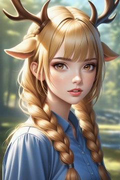 1girl, solo, long hair, looking at viewer, bangs, blonde hair, shirt, animal ears, twintails, brown eyes, upper body, braid, parted lips, horns, teeth, day, blurry, twin braids, lips, parted bangs, blurry background, sunlight, blue shirt, hair over shoulder, freckles, realistic, antlers, deer ears,