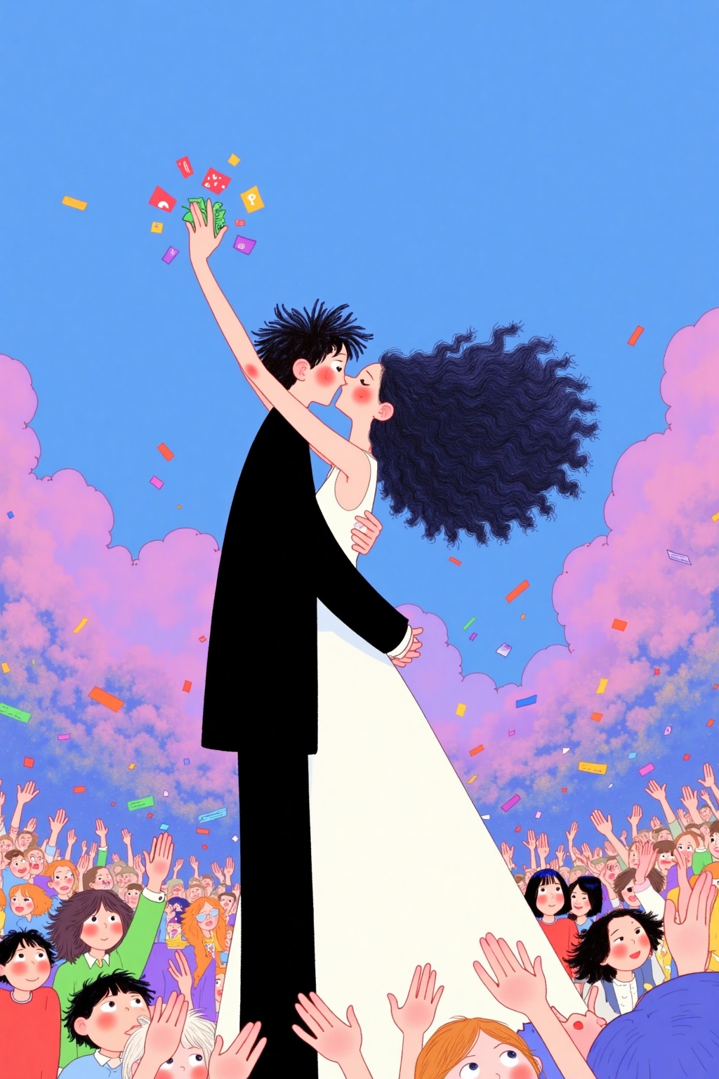 beijihui,Captured from a cartoonish painting, a man and a woman are kissing each other in front of a crowd of people. The man is dressed in a black tuxedo with a white dress and black pants. The woman is wearing a long white dress with a long black hair. Her hair is blowing in the wind. The sky is a vibrant shade of blue and purple. The people in the crowd are clapping their hands in the air.
