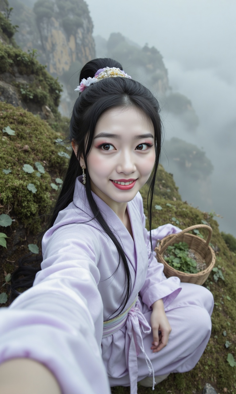 selfie perspective,(realistic stunning Chinese female cultivator with alabaster skin and refined facial features:1.4), wearing light lilac robe, half-kneeling on mossy slope with herb basket at her side, glancing up toward lens with soft confident smile, long black hair tied loosely, (wide selfie view from slightly above, angled down with landscape visible:1.3), mountain mist swirling in background, dew-covered leaves nearby, photorealistic mist, silk and skin textures, ultra-detailed, 8k, masterpiece, pure and gentle beauty