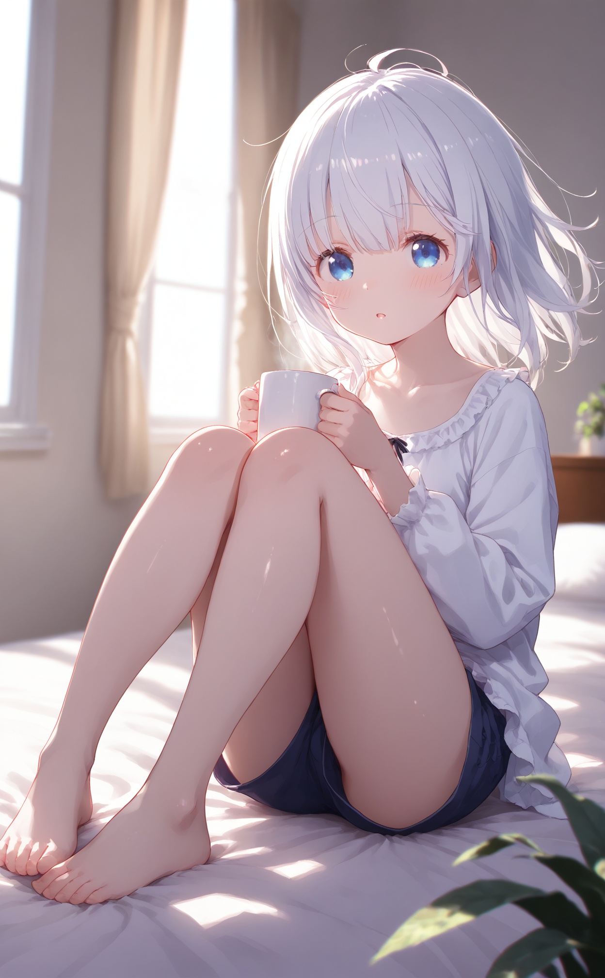 masterpiece,best quality,high quality,loli,chromatic_aberration,//,1girl,cup,holding,holding cup,solo,feet,looking at viewer,window,barefoot,toes,plant,indoors,long sleeves,ahoge,bangs,white hair,sitting,legs,blue eyes,curtains,knees up,bare legs,on bed,shirt,pillow,blush,collarbone,parted lips,white shirt,frills,mug,potted plant,thighs,short hair,day,bed,cloud,medium hair,bed sheet,full body,shorts,open mouth,//,year_2023,year_2024,//,official art,depth of field,detailed light,blurry background,cinematic lighting,ray tracing,ultra detailed,god rays,backlighting,photo background,film grain,chromatic aberration,volumetric lighting,depth of field,blurry background,shiny skin,floating hair,cinematic lighting,day,very aesthetic,<lora:rouhe——【noob】hans:1>,