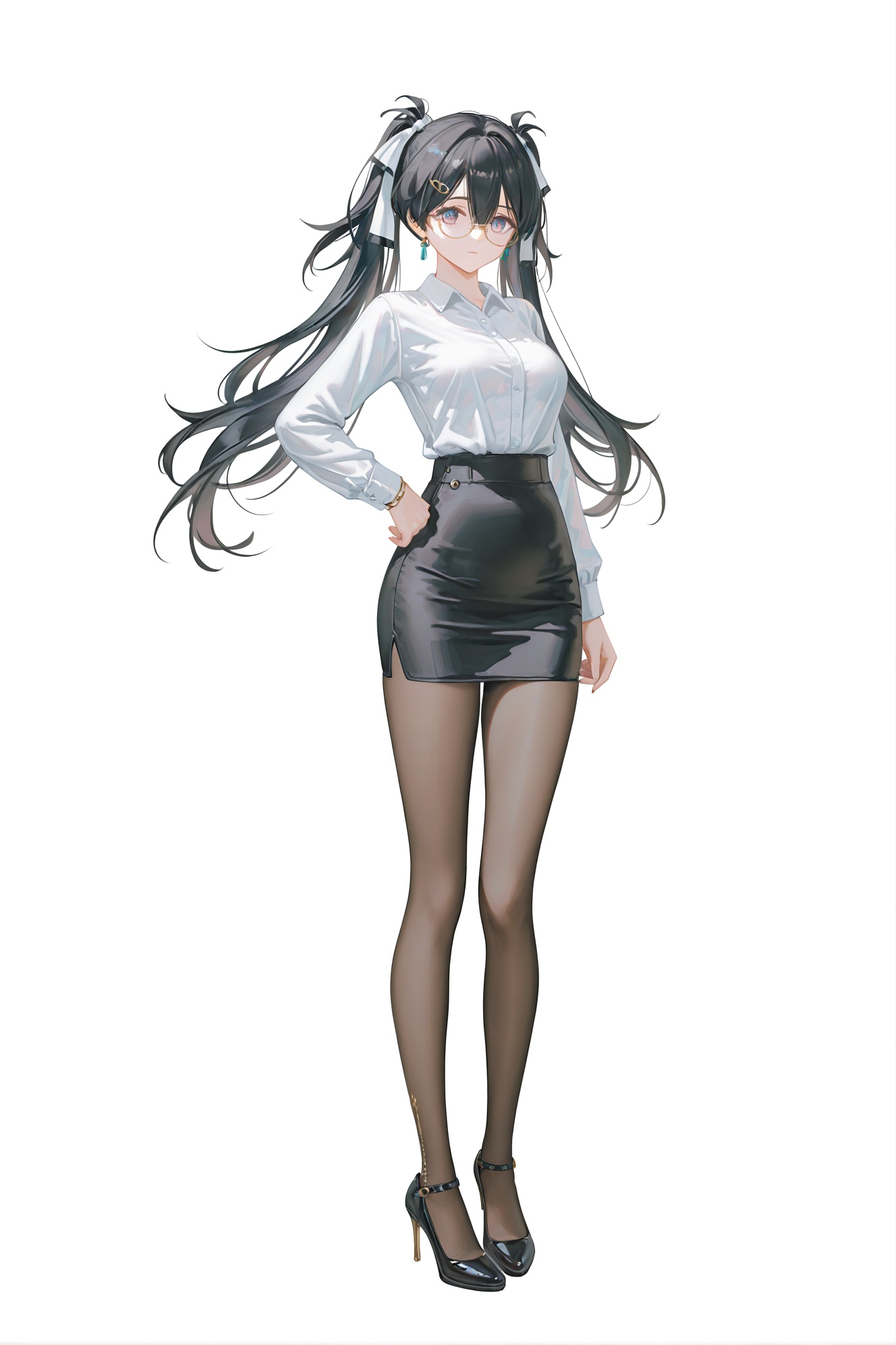 8k,best quality,masterpiece,(ultra-detailed),(high detailed skin),((artist:reoen), (artist:torino_aqua),year 2024:0.8)1girl,[artist:wlop],[artist:ningen_mame],artist:ciloranko,[[artist:rhasta]],artist:tidsean,artist:iumu,full body,full shot,standing,(solo:1.2),simple background,(white background:1.2),hand on own hip,(white background:1.1),<lora:zhezhi-ill-Tanger:0.8>,zhezhi,default clothes,white pantyhose,1girl,long hair,black hair,glasses,twintails,dress,black footwear,1girl,long hair,hair between eyes,jewelry,hair ornament,skirt,office lady,shirt,pencil skirt,pantyhose,white shirt,high heels,black skirt,breasts,black footwear,long sleeves,alternate costume,high-waist skirt,brown pantyhose,contemporary,shirt tucked in,thighs,black pantyhose,miniskirt,medium breasts,collared shirt,