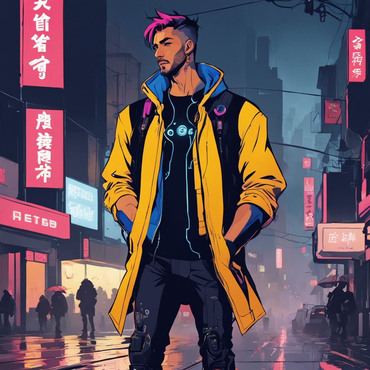 1man, cyberpunk street, beautiful, masterpiece, realistic, standing, (smile:0.7), (rain:1.2), street, lineart, flat colors,  <lora:lineartSDXL:1>