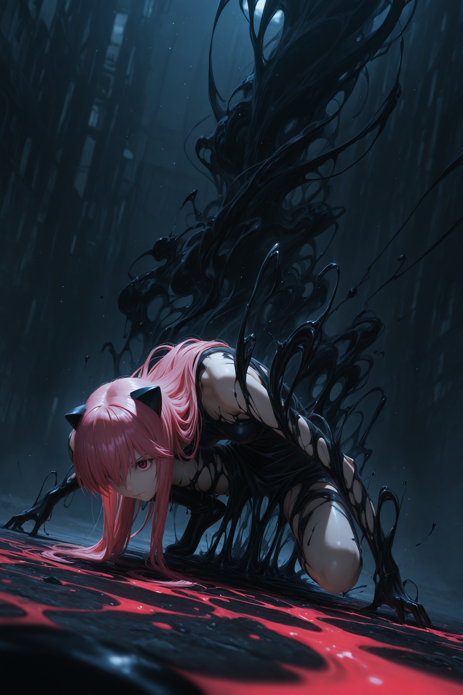 masterpiece,best quality,amazing quality,very aesthetic,absurdres,newest,in the style of fashion photography,light particles,cinematic lighting,Visual impact,sharp focus,Emotionalization,depth of field,dynamic pose,dutch angle,extreme aesthetic,scenery,1girl,lucy \(elfen lied\),elfen lied,chaotic scene,squatting on the ground,halluci,terrible liquid,black smoke,black mist,mist,