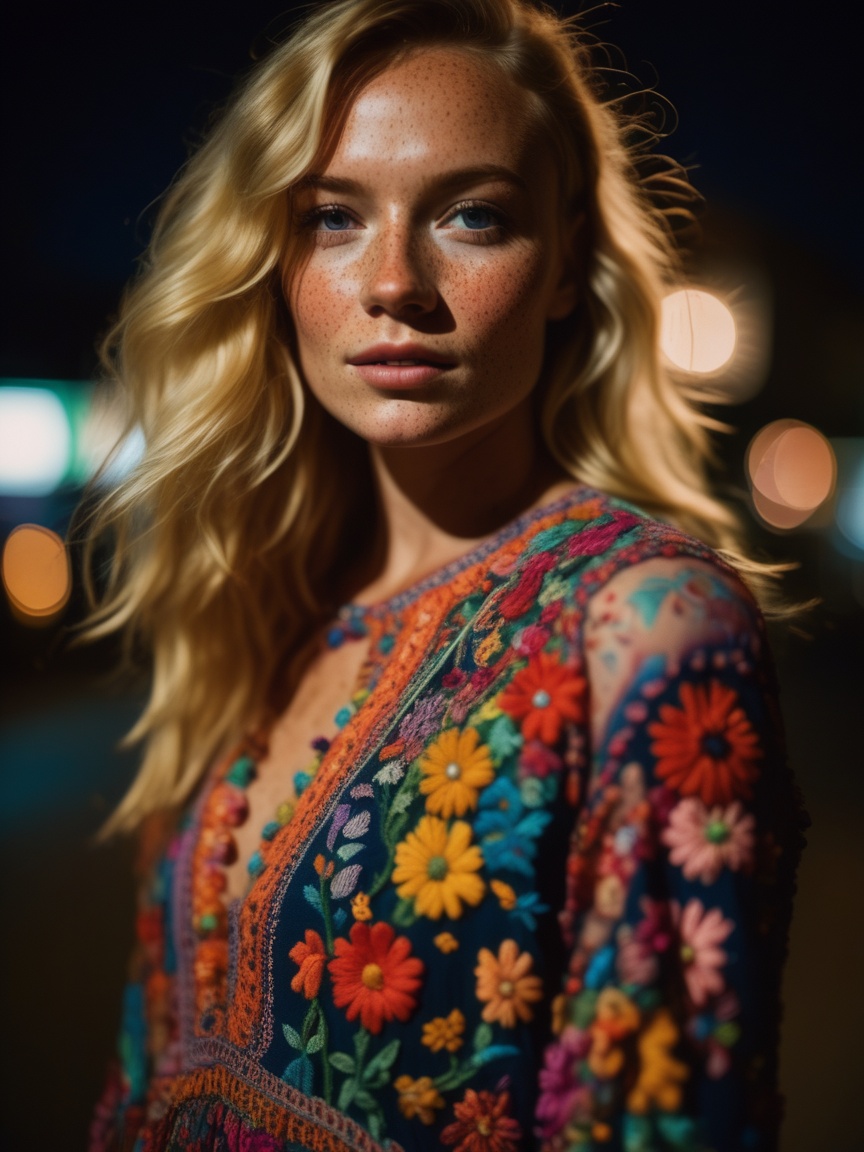 Beautiful blonde woman with freckles,  wearing a colorful,  vibrant on Tensor.Art