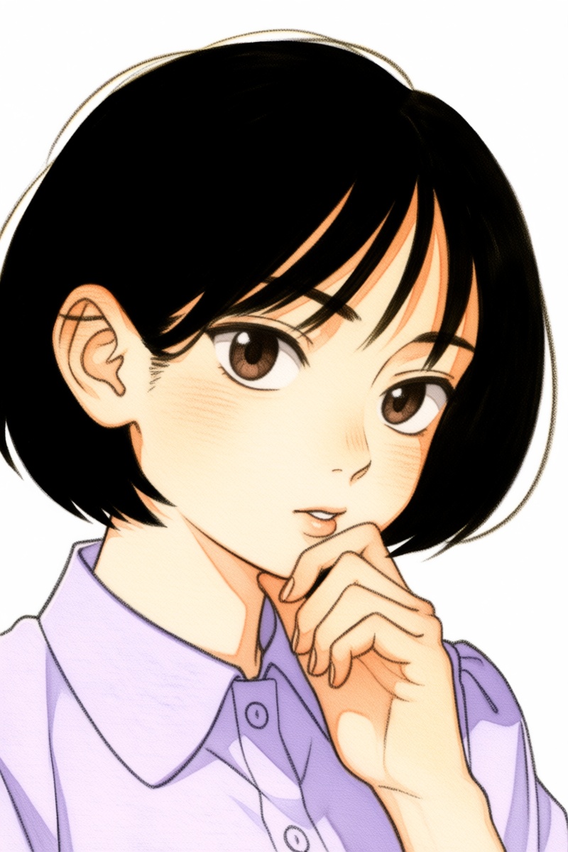 @nnsst,  The image is a close-up drawing of a young woman with short black hair and large brown eyes looking slightly to t...