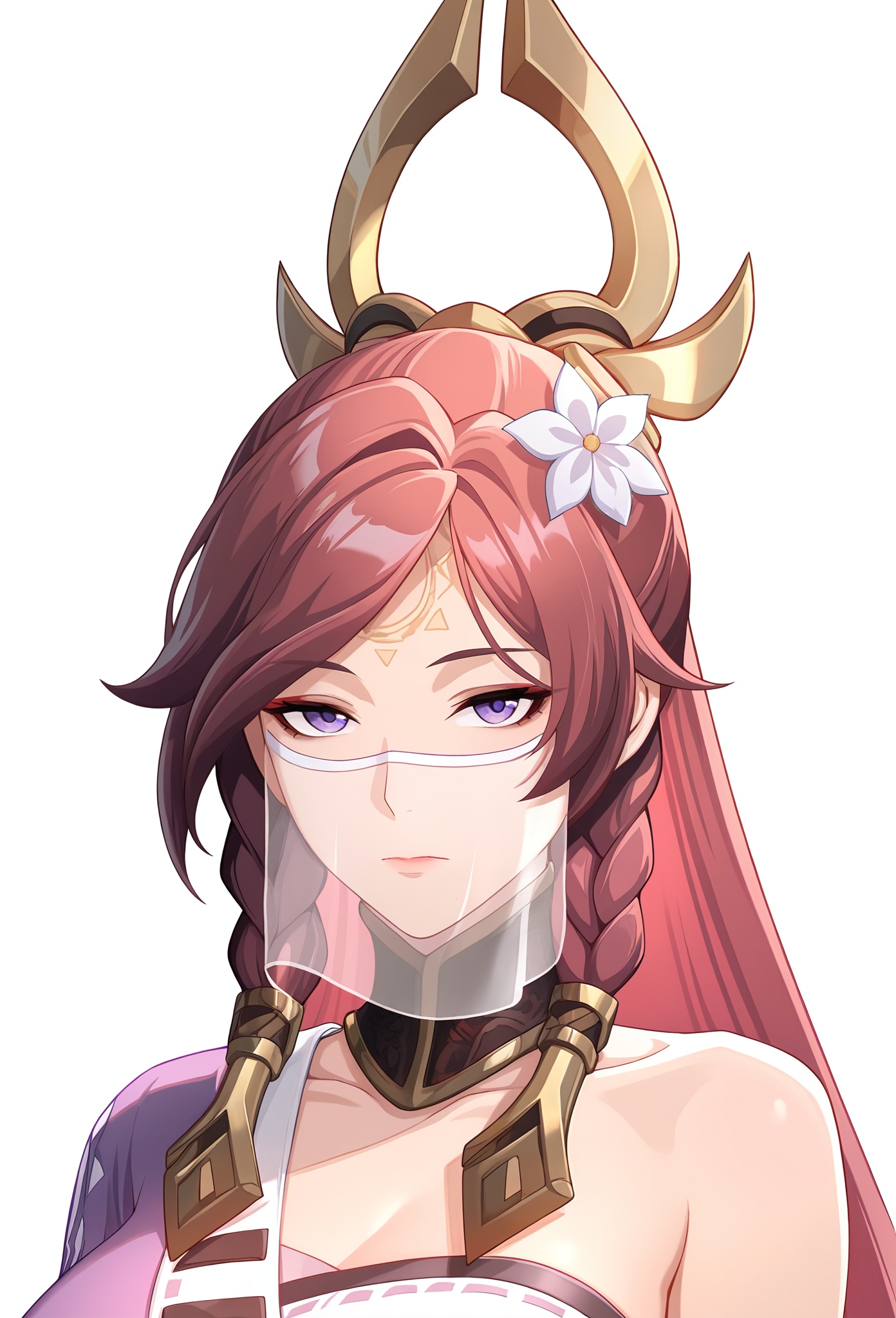 Kuze\(jl\)\(wzry\),white background,simple background,masterpiece,best quality,amazing quality,expressionless,1girl,solo,mature female,upper body,front view,look at viewer,red hair,long hair,braid,hair ornament,white flower on head,forehead mark,purple eyes,choker,asymmetrical dress,gold accents,half face veil,