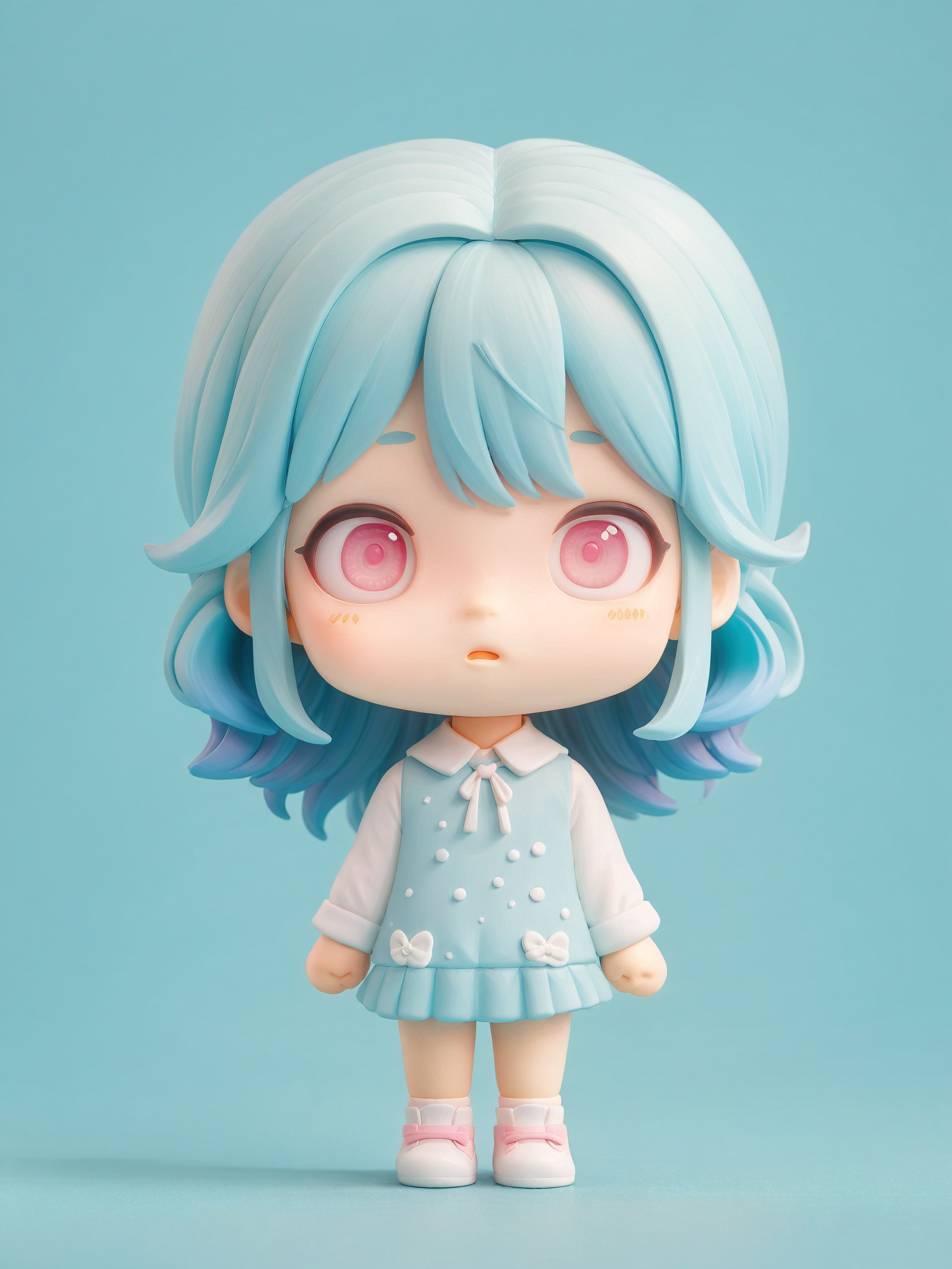 fnk,blind box,chibi,a light on a blue,faced k-pop girl,(masterpiece:1.2),hi-res,4k,extremely delicate and beautiful art,pastel color,pink eyes,blue hair,portrait,