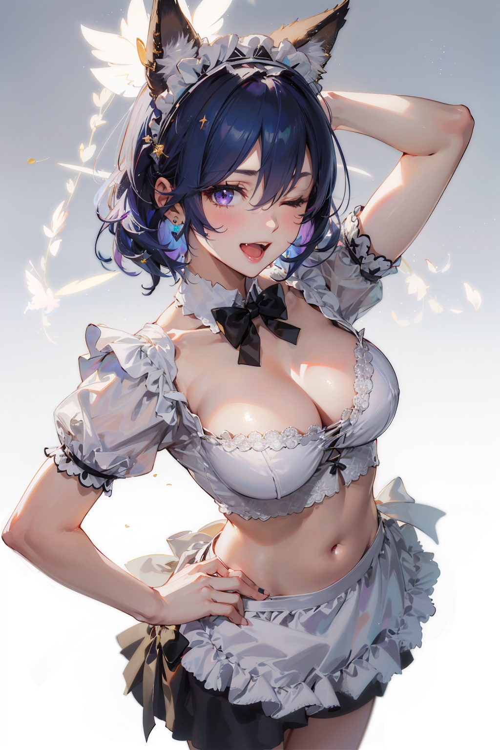 masterpiece,best quality,ultra-detailed.extremely delicate and beautiful,hard light,embrandt style expression of light and shadow,depth of field,dynamic angle,1girl,solo,looking at viewer,:d,fang,halo,fox ears,large breasts,cleavage,blue hair,purple eyes,one eye closed,hair between eyes,maid,maid headdress,navel,maid apron,one hand on hip,one hand on head,heart,white background,skin oil,