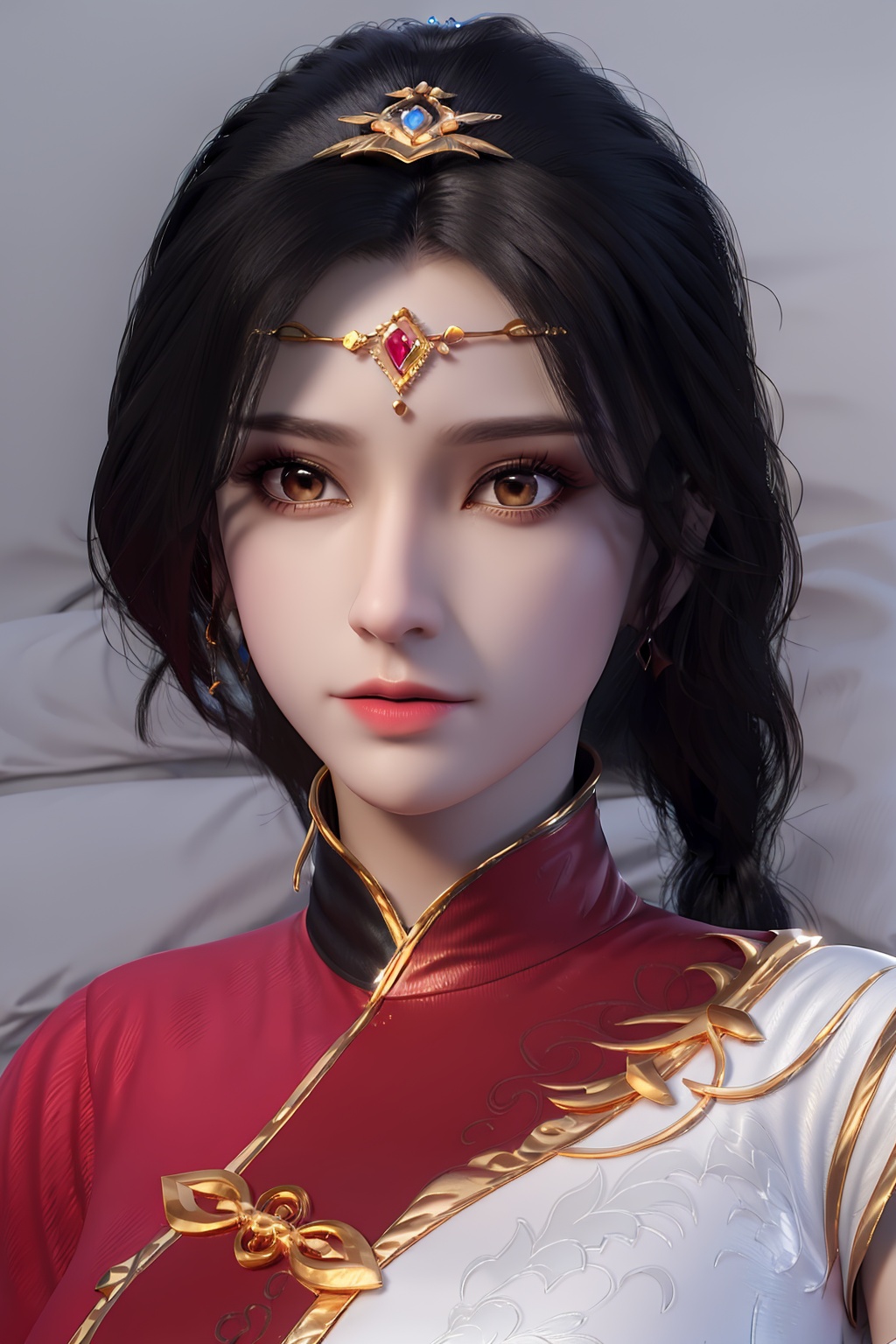 3D,masterpiece,(best quality),(makeup),official art, extremely detailed cg 8k wallpaper,((crystalstexture skin)), (extremely delicate and beautiful),(highly detailed),(face),(tiara),(collar),(1girl), (solo), (jewelry), (earrings),(black_hair),(long_hair),(hair_ornament),(handwear),(breasts),((portrait)),(closed_mouth),(shiny_clothes),(city,indoor,bed),,((looking_at_viewer)),((Facing the camera)),, <lora:hipoly3DModelLora_v10:0.3>