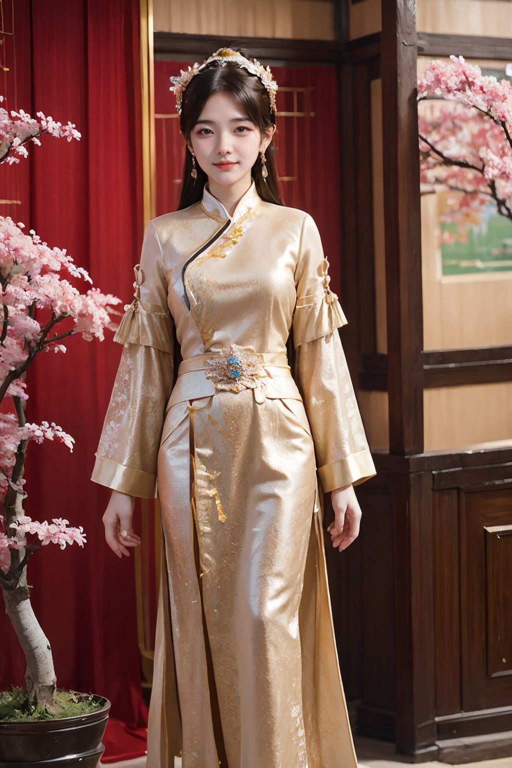 CAFC,1girl,solo,long hair,clothes,earrings,jewelry,hair accessories,full body,suburban scenery,east asian,chinese style architecture,