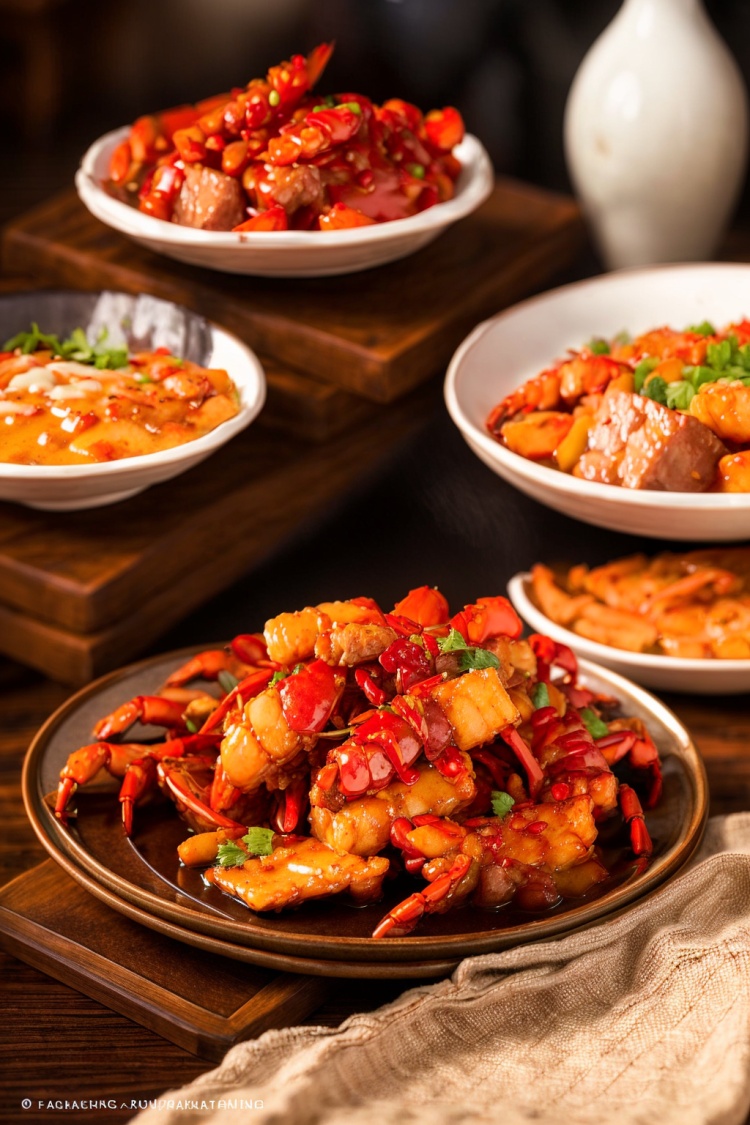 depth of field,chinese food,realistic,food,no humans,plate,bowl,meat,food focus,vegetable,still life,steamed crayfish,