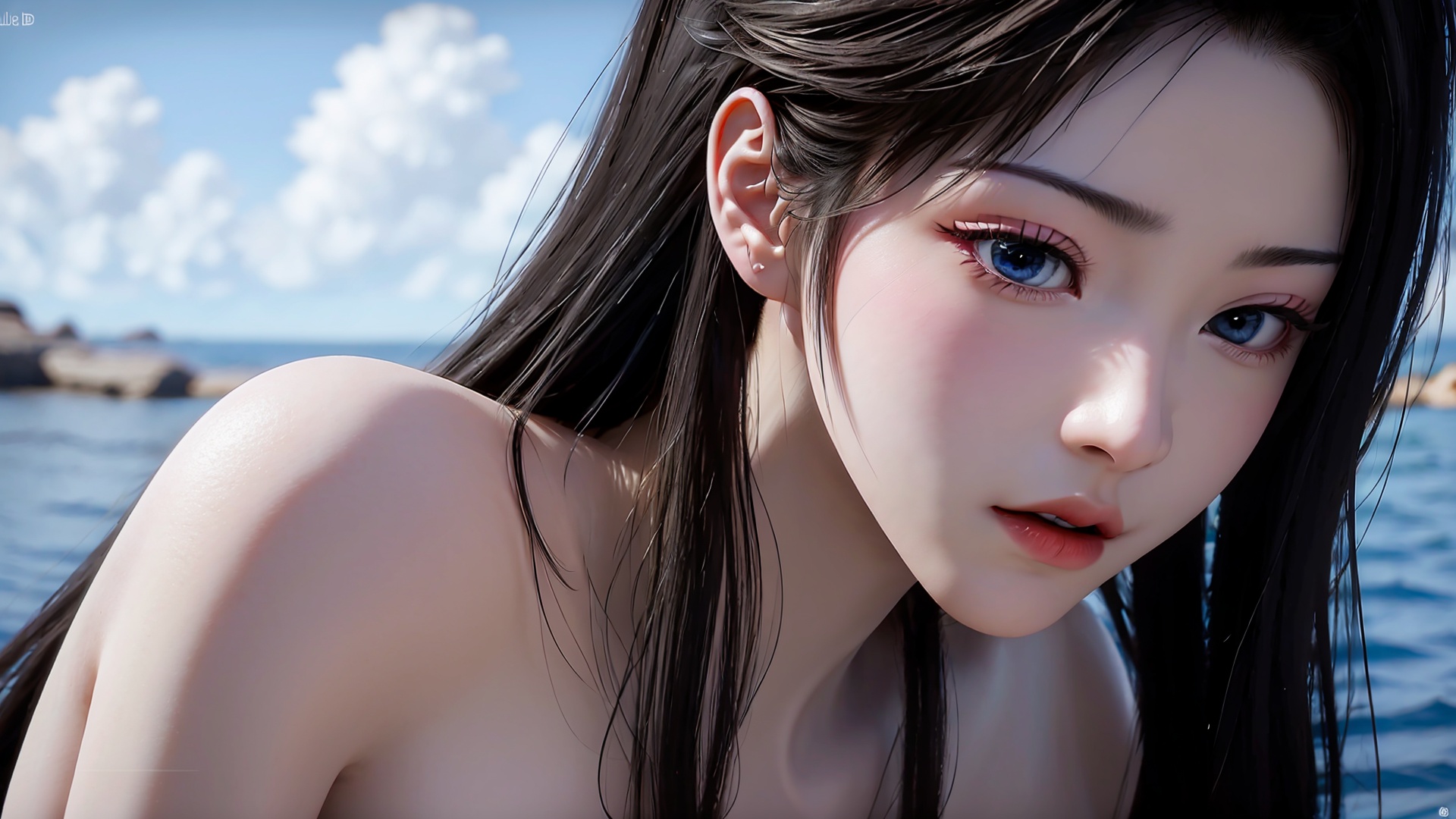 1girl,long hair,black hair,solo,blue eyes,water,artist name,closed mouth,lips,collarbone,nude,<lora:girl solo yuanyao_20240908025103:0.6>,incredibly absurdres,wallpaper,<lora:Gloss_Tweaker_V2:0.6>,<lora:粉色妆容强度调节滤镜:0.7>,