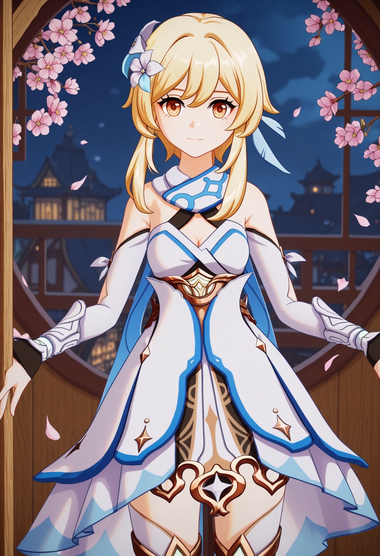 (cowboy shot:1.2),looking at viewer:1.1,masterpiece,(best quality),(mutated_hands:-1.2),(bad hands:-1.2),smog,Dark room,dim lighting,peach blossom,falling petals,<lora:YQ_Illustrious光辉v5_荧_V1:0.8>,q1528437228,1girl,solo,lumine (genshin impact),blonde hair,hair ornament,dress,hair flower,white dress,short hair with long locks,detached sleeves,yellow eyes,scarf,sidelocks,feather hair ornament,gloves,white thighhighs,boots,