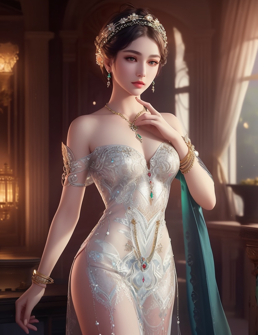 ultra realistic 8k cg, picture-perfect face, flawless, clean, masterpiece, professional artwork, famous artwork, cinematic lighting, cinematic bloom, perfect face, beautiful face, fantasy, dreamlike, unreal, science fiction,  beautiful clothes, lace, lace trim, lace-trimmed legwear,  (rich:1.4), prestige, luxury, jewelry, diamond, gold, pearl, gem, sapphire, ruby, emerald, intricate detail, delicate pattern, charming, alluring, seductive, erotic, enchanting, hair ornament, necklace, earrings, bracelet, armlet,halo((,1girl, pov,))(((,  1girl,  solo,looking at viewer, ))),(((1girl, solo, dress, jewelry)))<lora:DA_WhiteSnakeGreenSnake:0.7>