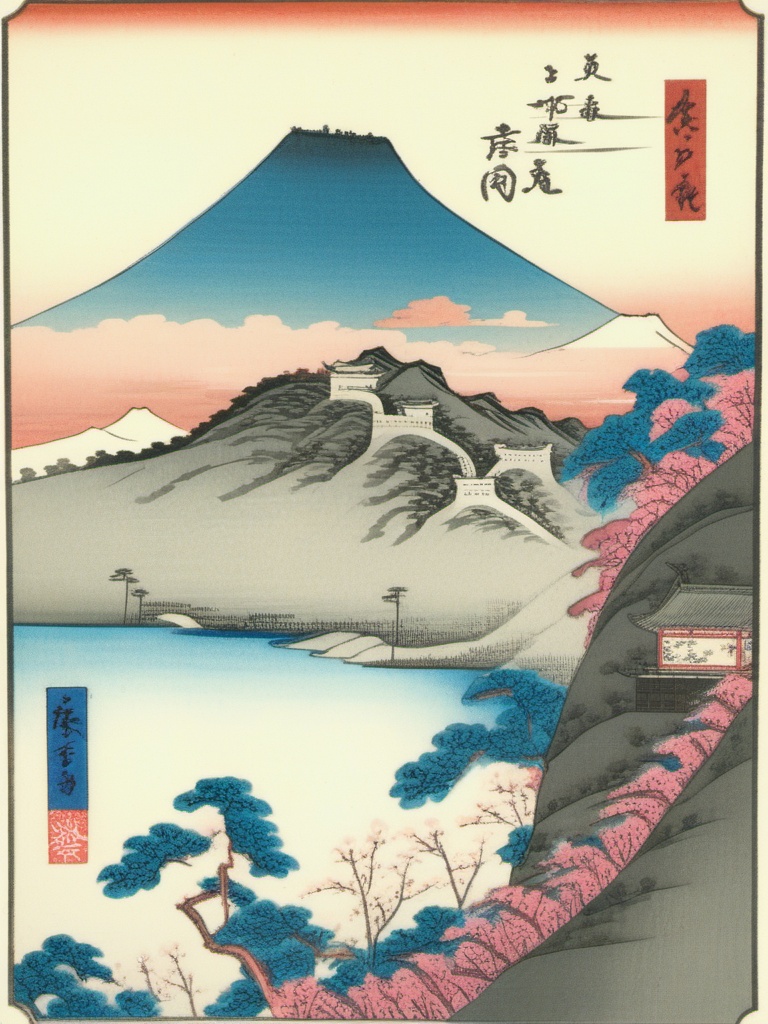 Xgechuanguangchong, The Great Wall of China in Hiroshige - style ukiyo - e. Wall outlined in dark gray, crenellations decorated with cloud patterns. The wall winds like a dragon through mountains. Hanfu - clad travelers pause at a watchtower. Peach blossoms in pink - white gradients in the foreground. Ultramarine sky with bird silhouettes.