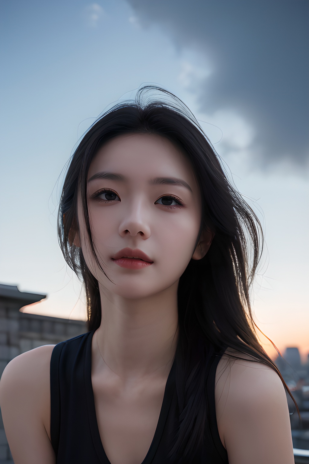 <lora:0809_01:0.7>,Frontal photography,Look front,evening,dark clouds,the setting sun,On the city rooftop,A 20 year old female,Black top,Black Leggings,black hair,long hair,dark theme,muted tones,pastel colors,high contrast,(natural skin texture, A dim light, high clarity) ((sky background))((Facial highlights)),, 1girl,realistic,masterpiece, best quality, photorealistic, HDR,detail