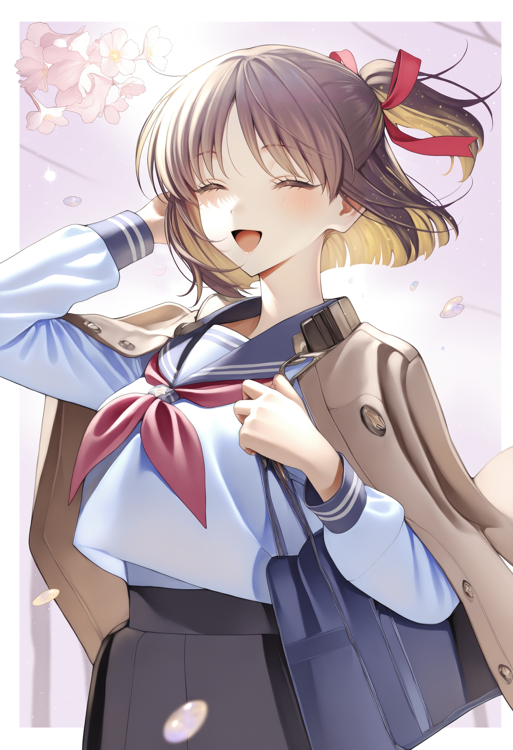 A high school girl with shoulder-length chestnut hair and soft brown eyes, standing under blooming cherry blossoms in her school uniform. She gently holds a leather satchel and smiles softly, with petals dancing around her. Warm afternoon sunlight filters through the trees, creating a nostalgic, long sleeves, sailor shirt, hair ribbon, parted lips, wing collar, smile, light particles, school bag, open clothes, wind, eyelashes, sunlight, school uniform, :d, fingernails, dot nose, w arms, collared jacket, jacket on shoulders, outdoors, branch, straight hair, ribbon-trimmed sleeves, chestnut mouth, peaceful atmosphere. The girl's uniform consists of a pleated white shirt, leaf print, bag, bob cut, cherry blossoms, bowtie, neckerchief, happy, upper body, falling petals, buttons, blunt ends, closed eyes, brown eyes, looking at viewer, short ponytail, high-waist skirt, flower, blonde hair, brown hair, red neckerchief, parted bangs, double horizontal stripe, open jacket, arm behind head, day, spring \(season\), red bowtie, white border, pocket, black skirt, holding strap,masterpiece, best quality