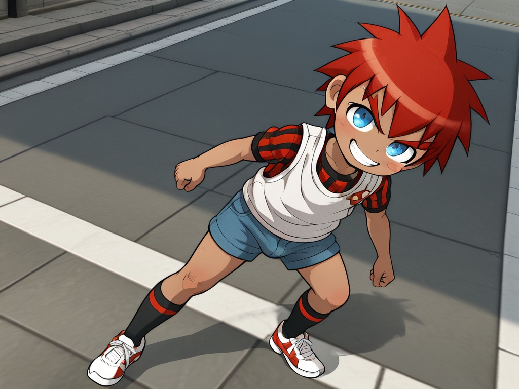 <lora:DGRP_Masaru_XL:1>,explicit,Daimon Masaru,(best quality:1),(best detail:1),(masterpiece:1),outdoors,street,male focus,1boy,solo,(toddler:1.3),(petite:1.2),red hair,red thick eyebrow,short hair,blue eyes,dark skin,perfect hands,(5fingers:1.1),short sleeves,black socks,grin,correct anatomy,full_shot,animation style,available light,(incredibly absurdres:3),