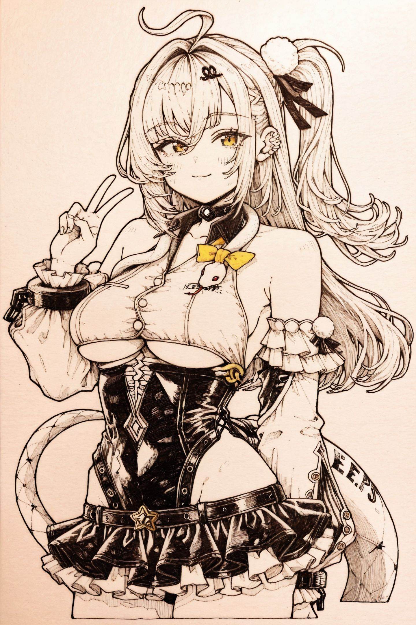 kitamurashu Style,monochrome,Cissia \(zenless zone zero\),1girl,solo,long hair,looking at viewer,hair ornament,smile,ahoge,pom pom hair ornament,hairclip,Cissia's hairclip,ω,upper body,swimsuit,sleeveless,traditional media,detached sleeves,bare shoulders,one side up,frills,ear piercing,cowboy shot,underboob,snake around neck,mechanical snake tail,pom pom \(clothes\),leotard,frilled skirt,green bow snake,yellow eyes,yellow bow,v,<lora:kitamurashu_illustriousXL:1>,<lora:Cissia_illustriousXL:0.8>,