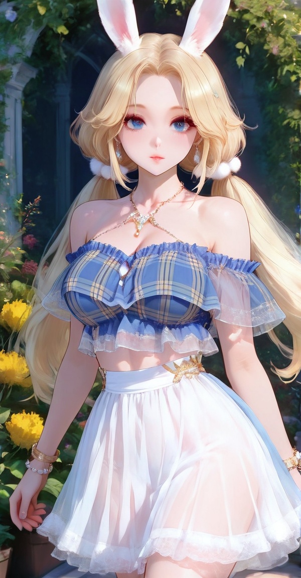 plaid shirt,  off-shoudler skirt,  rabbit ears on Tensor.Art