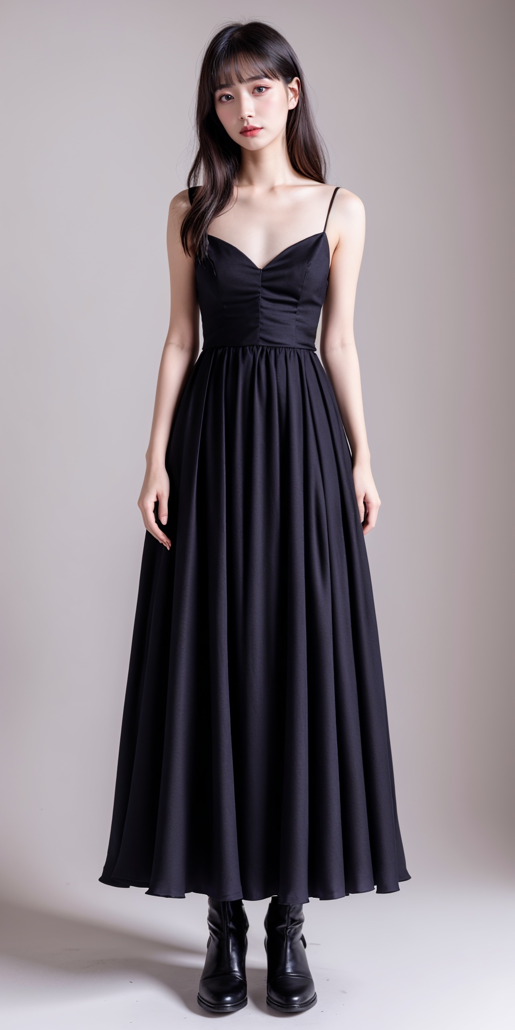 1girl,jewelry,iridescence,upper body,white background,photo,(standing:1.3),(look at the front:1.3),(black evening dress:1.3),shoulder,v-neck,