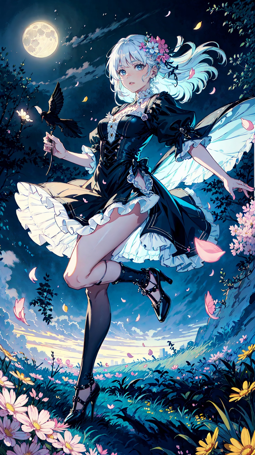 tutututu, high heels, full body, masterpiece, best quality, 1girl, (colorful),(delicate eyes and face), volumatic light, ray tracing, bust shot ,extremely detailed CG unity 8k wallpaper,solo,smile,intricate skirt,((flying petal)),(Flowery meadow) sky, cloudy_sky, moonlight, moon, night, (dark theme:1.3), light, fantasy, windy, magic sparks, dark castle,white hair,<lora:tutuhltn_0004:0.65> 