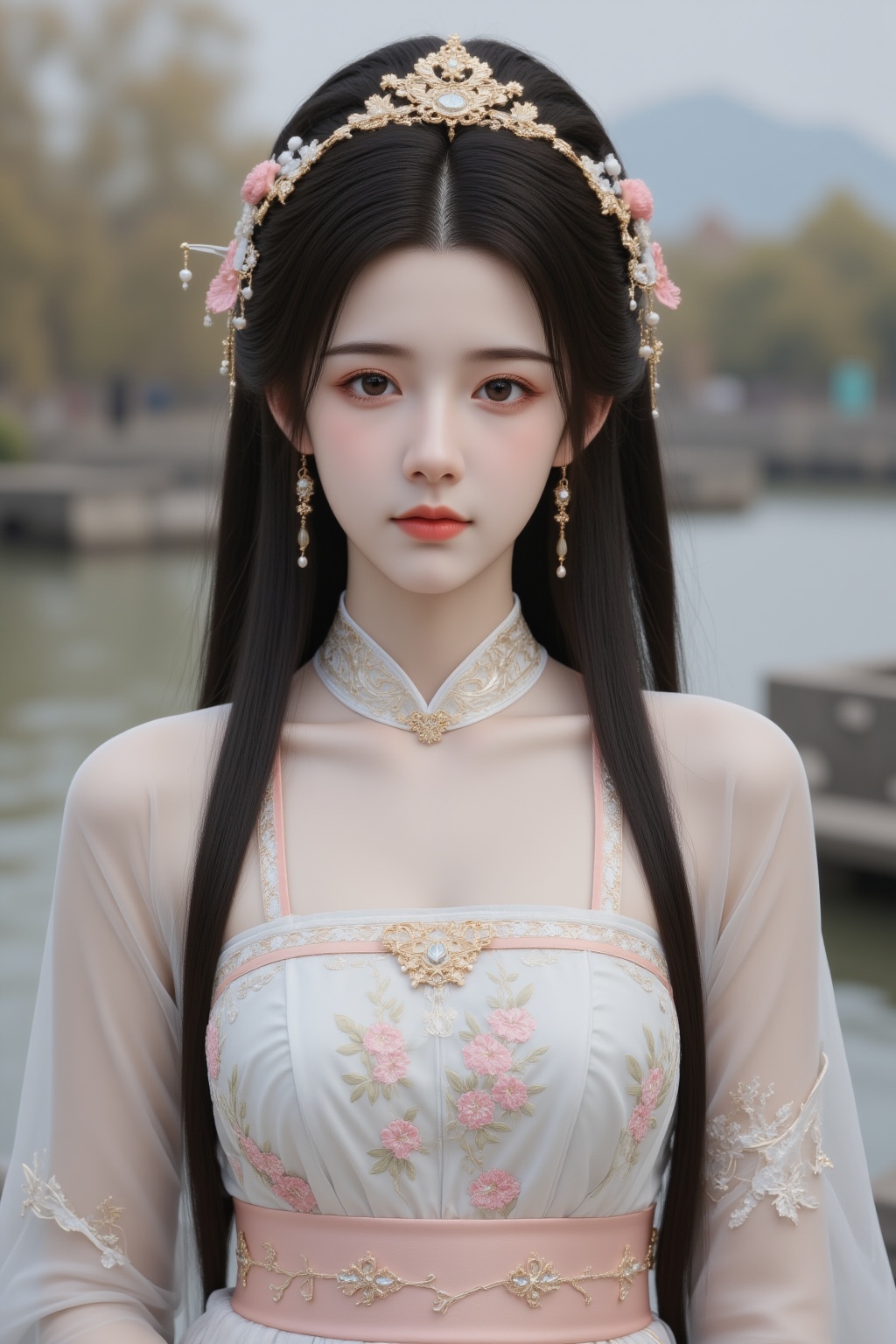 cinematic photo 1girl,teenage,jewelry,dress,long hair,hair ornament,earrings,solo,closed mouth,black hair,brown eyes,collar,looking at viewer,upper body,chinese clothes,outdoors,river,