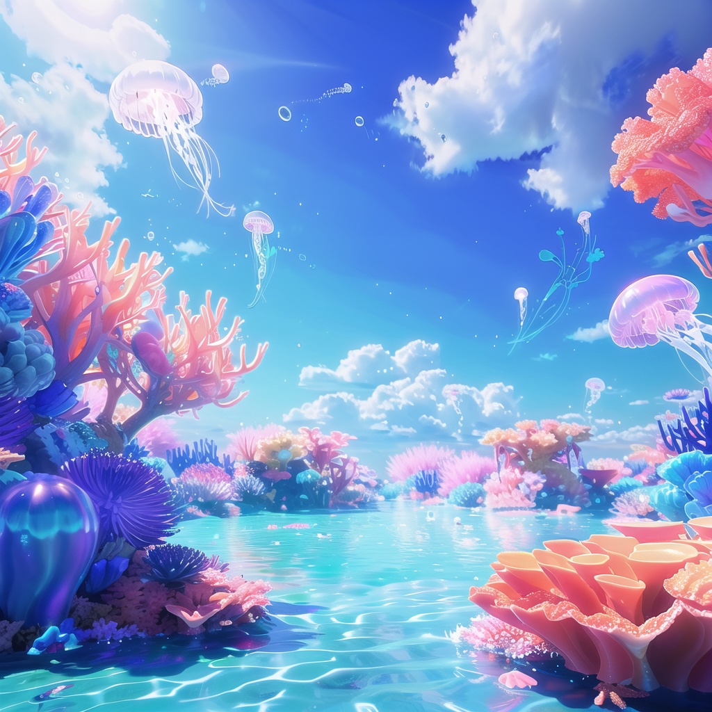 shenhai,jellyfish,no humans,cloud,outdoors,coral,blue theme,water,ocean,day,bubble,blue sky,starry sky,a fantasy world background,a round stage in the center,<lora:shenhai:1>,