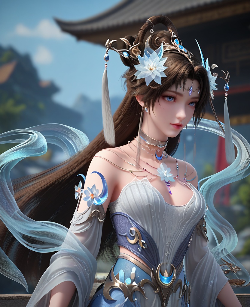 (oriental architecture, elegant decor, sophisticated style:1.1),leaning against the handrail,(breasts:1.2),<lora:XL16完美世界邀月公主:0.95>,princess yaoyue,white corset mermaid gown with front thigh-high slit,blue eyes,black hair,draped looped buns with long cascading hair,very long hair,crescent crystal ornament,hair ornament,jewelry,hagoromo,wide flowing sleeves,, zPDXL2, score_9, score_8_up, score_7_up BREAK realistic, masterpiece,best quality, highly detailed,, zPDXL3, zPDXL2,zPDXL, zPDXLxxx, zPDXLrl,