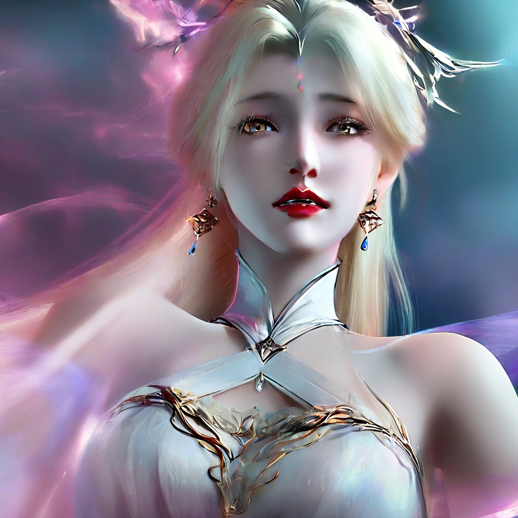 masterpiece,best quality,cinematic,(ultra-detailed),perfect composition,intricate details,absurdres,detailed face,high quality,high res,8K,1girl,solo,hair ornament,long hair,upper body,white dress,jewelry,earrings,dress,white hair,bare shoulders,looking at viewer,parted lips,realistic,teeth,blonde hair,