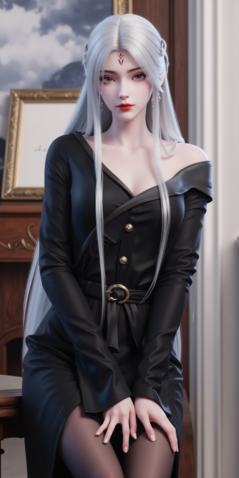 xiaobai,solo,pantyhose,sweater,white hair,long hair,black sweater,blurry background,blurry,indoors,realistic,off shoulder,I'm standing.standing,bare shoulders,dress,sweater dress,artist name,off-shoulder sweater,long sleeves,sleeves past wrists,picture frame,hair bun,table,depth of field,Lean forward,bend,support your hands,Red high heeled sandals,leaning_forward,arched_back,bowing,1girl,front view,looking_at_viewer,eye-contact,stare,Hands supported in the knees,Red high heels,Red high heels,full-body,forehead_mark,heart-shaped_pupils,