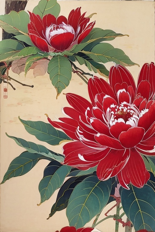 gongbihua, masterpiece,  a painting,  red peony,  green leafs <lora:gongbi:1>, 