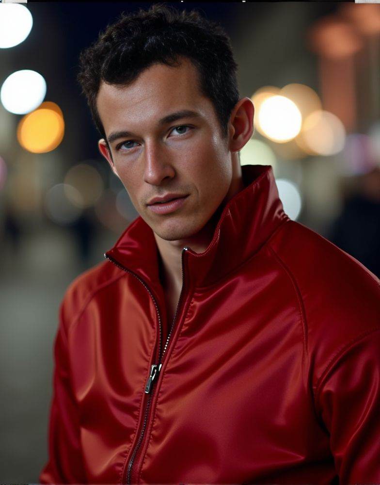 Callum Turner ,  realistic photo in a worn ((skin-revealing skimpy erotic red tracksuit. massive pecs)). big pecs. big arm...