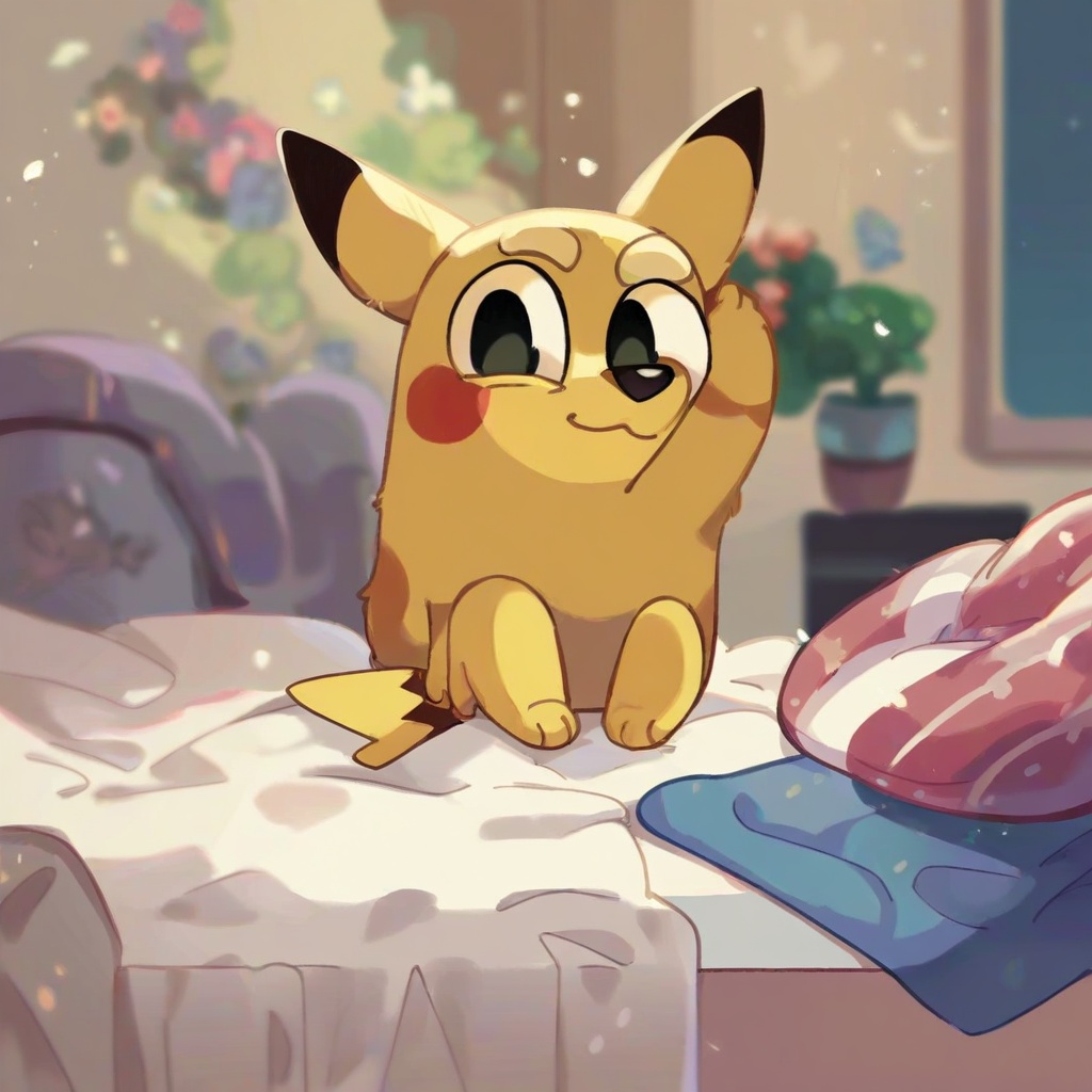 safe_pos, score_9, score_8_up, score_7_up, score_6_up, score_5_up, score_4_up, source_furry, hi res, bedroom, blurred background, particles, solo, Pikachu, looking at viewer, closed mouth, Bluey style, cute