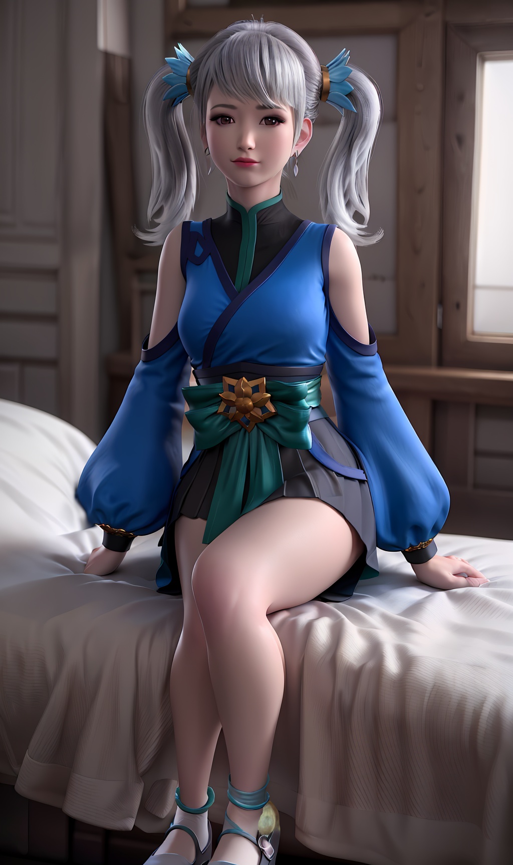3D,masterpiece,(best quality),(makeup),official art, extremely detailed cg 8k wallpaper,((crystalstexture skin)), (extremely delicate and beautiful),(highly detailed),(face),(double_ponytail),(collar),(1girl), (solo), (jewelry), (earrings),(white_hair),(long_hair),(hair_ornament),(handwear),(sleeve),(breast),((sitting)),((full_body,whole_body)),(dress),(shorts_under_skirt),(chinese_clothes),(multicolored_clothes),(multicolored_dress),,(shiny_clothes),(long_legs),(sash),(closed_mouth),(room,bed),((looking_at_viewer)),((Facing the camera)),((socks)),(shoes),(cloth_shoes),(flat_shoes),, <lora:hipoly3DModelLora_v10:0.3>