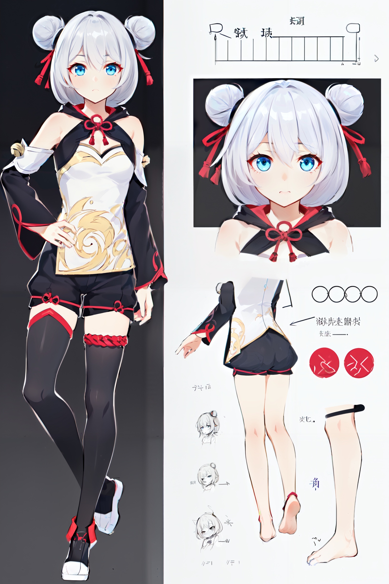 multiple views, pencil sketch, (sketch:1.25), (little girl,small breasts,), ((no shoes)), shy, best quality, graphite \\(medium\\), ske, gradient, rainbow, note, Line draft, highres, absurdres, (ultra-detailed:1.1), (illustration:1.1), (infographic:1.2), pajamas, (all clothes configuration:1.15), (solo), perfectly drawn hands, standing, cohesive background, paper, action, (character design:1.1), <lora:tangou-v100:0.8:lbw=OUTALL>, (tangou:1.2), 1girl, theresa apocalypse, double bun, hair bun, chinese clothes, blue eyes, bare shoulders, bangs, white short hair, black shorts, 