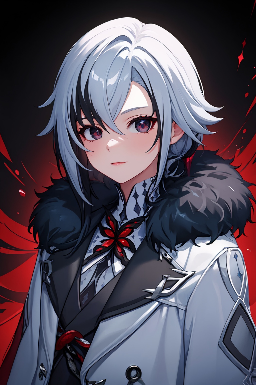 masterpiece,best quality, highly detailed, 1girl,arlecchino (genshin impact),fur-trimmed coat,looking at viewer,solo,upper body,closed mouth,white coat,<lora:arlecchino_(genshin_impact):1>