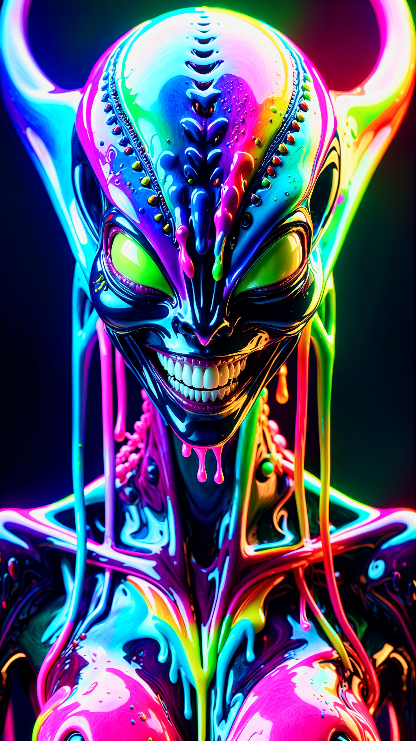 impossibly beautiful portrait of alien shapeshifter entity, photography, detailed skin, insane smile, intricate complexity, surreal horror, inverted neon rainbow drip paint, trending on art station, photoreal, 8 k, octane render by greg rutkowski, photorealistic, (horror:1.1)