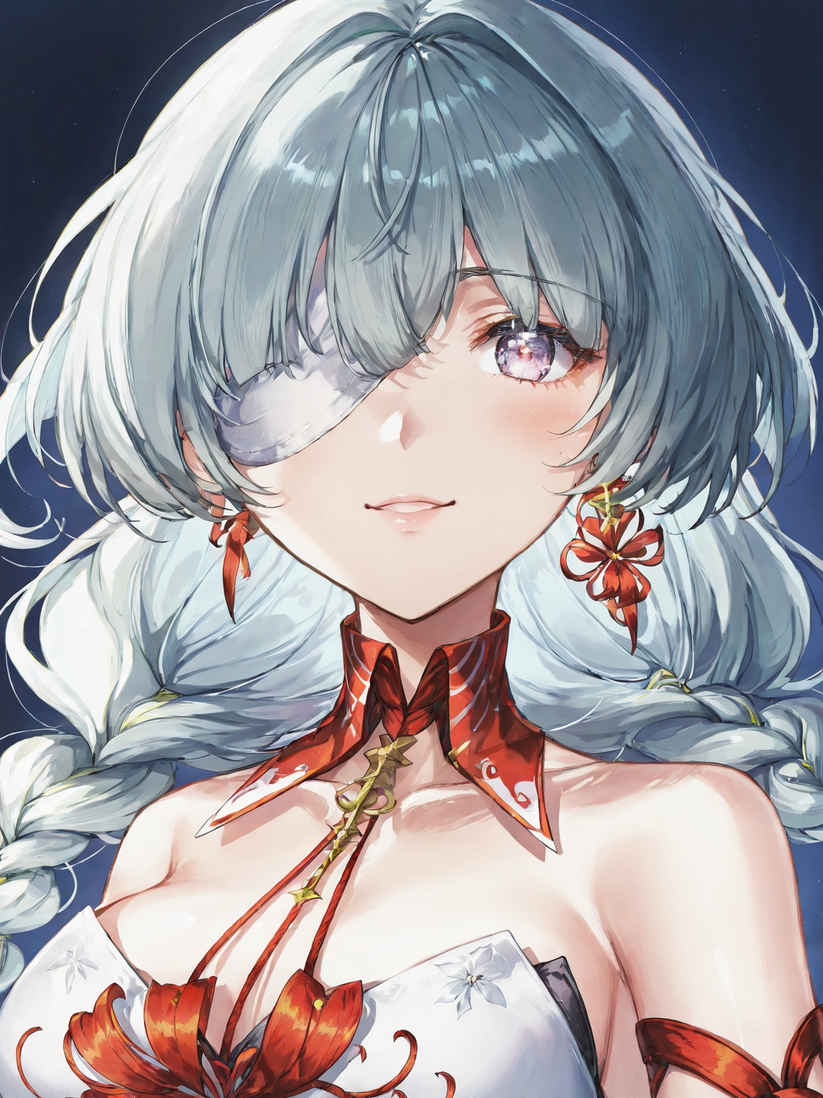 <lora:fll:1>,<lora:ClearHand-V2:1.5>,solo,grey hair,eyepatch,grey eyes,smile,cleavage,upper body,white background,large breasts,braid,parted lips,fll,(artist:quasarcake:0.8),