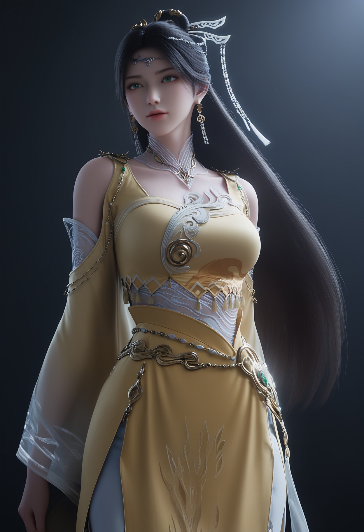 masterpiece,best quality,absurdres,highres,BREAK(glamor:1.1),slender,1girl,solo,<lora:金瓶儿-ill:0.82>,jingpinger,long hair,black hair,hair ornament,earrings,jewelry,green eyes,shoulder cutout,wide sleeves,yellow dress,see-through,looking at viewer,front view,standing,arms behind back,BREAKsimple background,black background,rim light,Tyndall effect,Volumetric Lighting,Cinematic Lighting,realistic,depth of field,