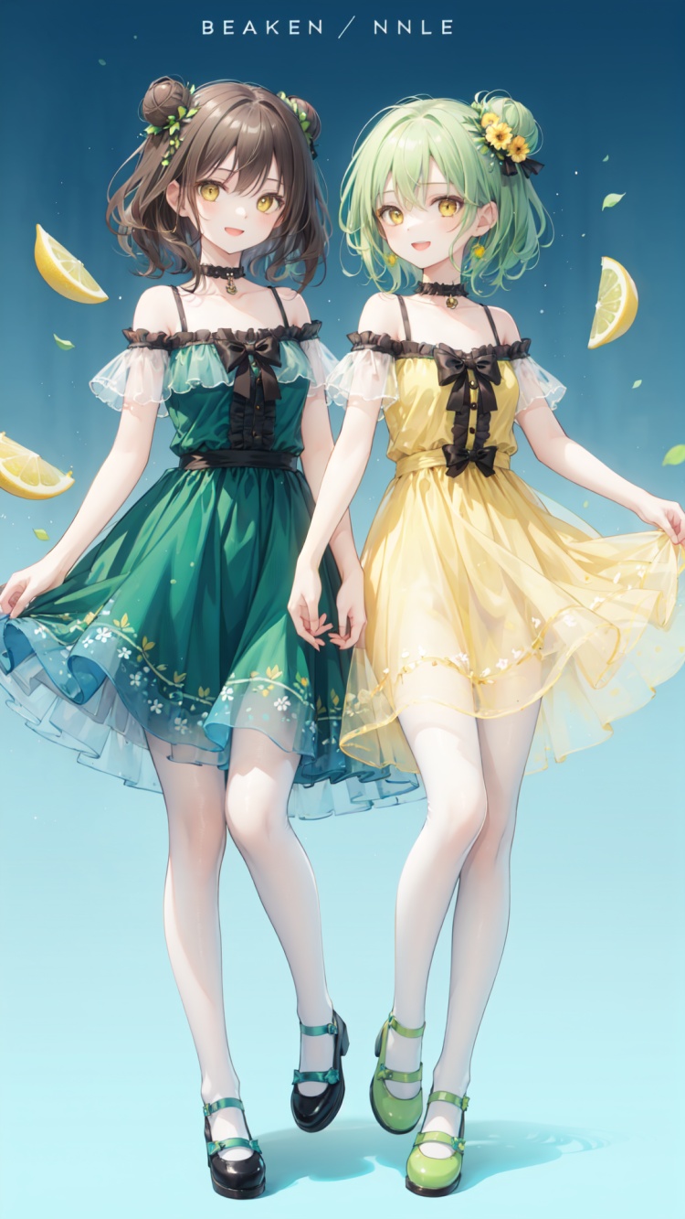 multiple girls,dress,lemon,2girls,blue hair,smile,lemon slice,socks,brown eyes,fruit,food,shoes,long hair,open mouth,hair bun,bangs,blush,closed mouth,green dress,:d,looking at viewer,brown hair,single hair bun,collarbone,frills,hair ornament,pantyhose,standing,short sleeves,bare shoulders,brown footwear,choker,short hair,yellow dress,hair between eyes,standing on one leg,blue background,full body,bow,frilled dress,see-through,green footwear,food print,yellow eyes,<lora:光影优化1:0.8>,