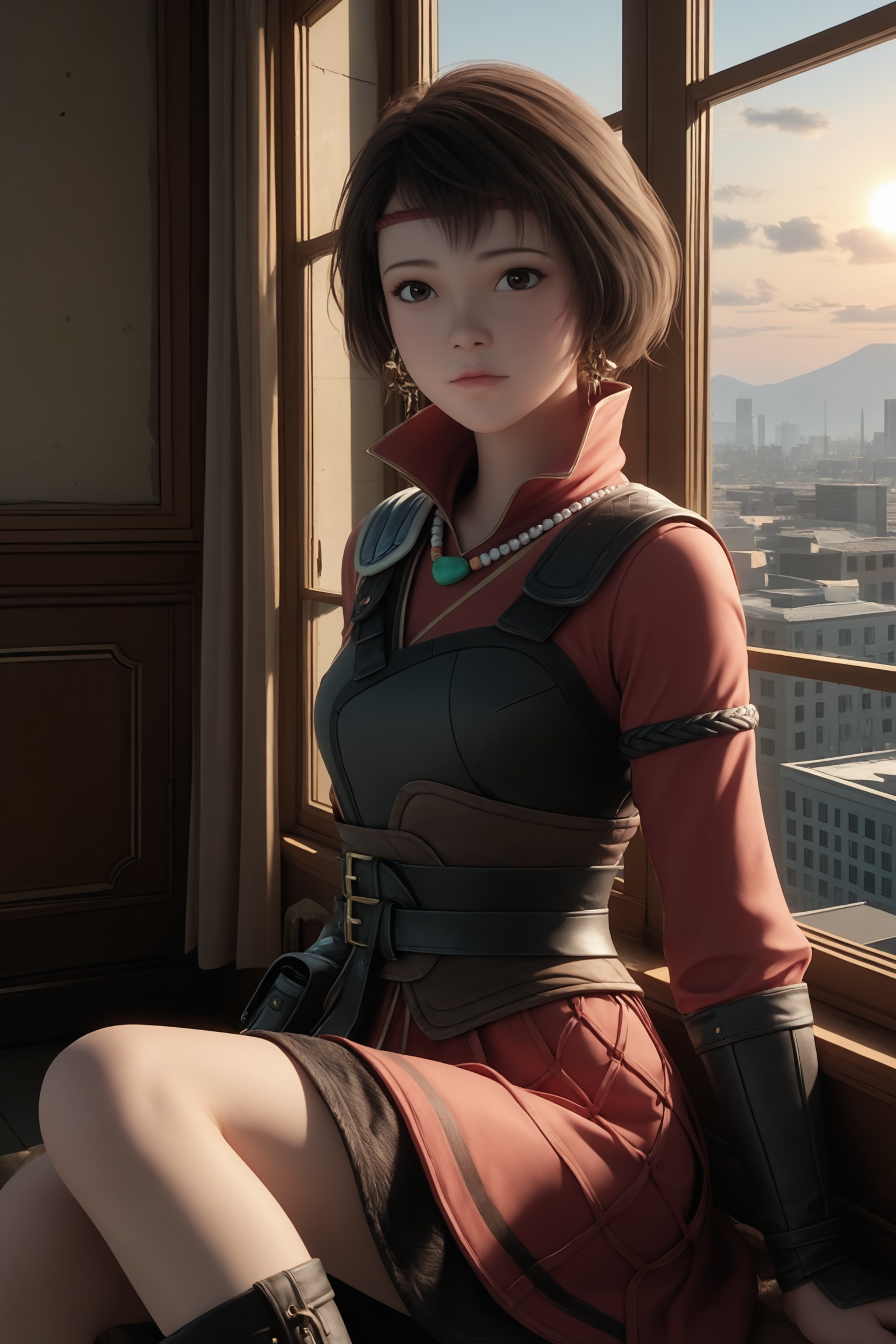 1girl,solo,sitting,window,frills,sky,cloud,indoors,cityscape,closed_mouth,sun,looking at viewer,<lora:灵笼-麦朵IL:0.7>,1girl,short,dark brown hair,red,knee-length dress,high collar,fitted bodice,belt,pouch,long sleeves,