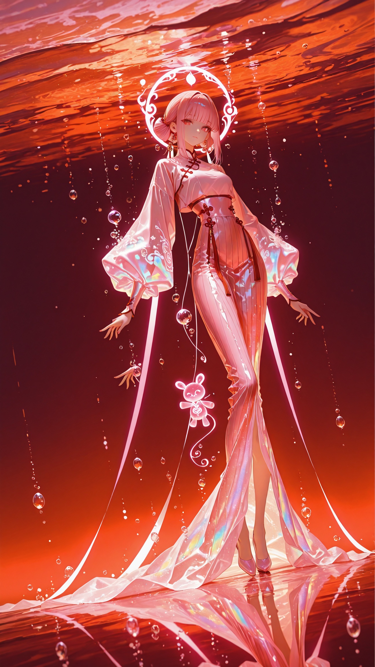 XUER dim moonlight,chinese clothesniji,fantasy,looking_at_viewer,female,1girl,(pink_glowing_blunt_bangs_bunches),ribbed_high-waist_skirt,Technical functional fabric,fluorescent stuffed animal,glowneon,(color_neon_bluish_violet),air bubble,full shot body photo of the most beautiful artwork in the world,bubble,water drop,air bubble,red theme,orange theme,masterpiece,best quality,niji style,8k,RAW photo,highly detailed,masterpiece,highest quality,whirls of vapor,iridescent textures,(Anime:1.1),translucent,soft neon pink light,ethereal ambiance,delicate details,magical atmosphere,concept art,highly detailed,ultra-high resolution,32K UHD,sharp focus,best-quality,masterpiece,golden hour,unconventional supreme masterpiece,masterful details,temperate atmosphere,with a high-end texture,in the style of fashion photography,magazine cover,Dynamic Angle,Dynamic posture,magazine cover,Dynamic Angle,Dynamic posture,
