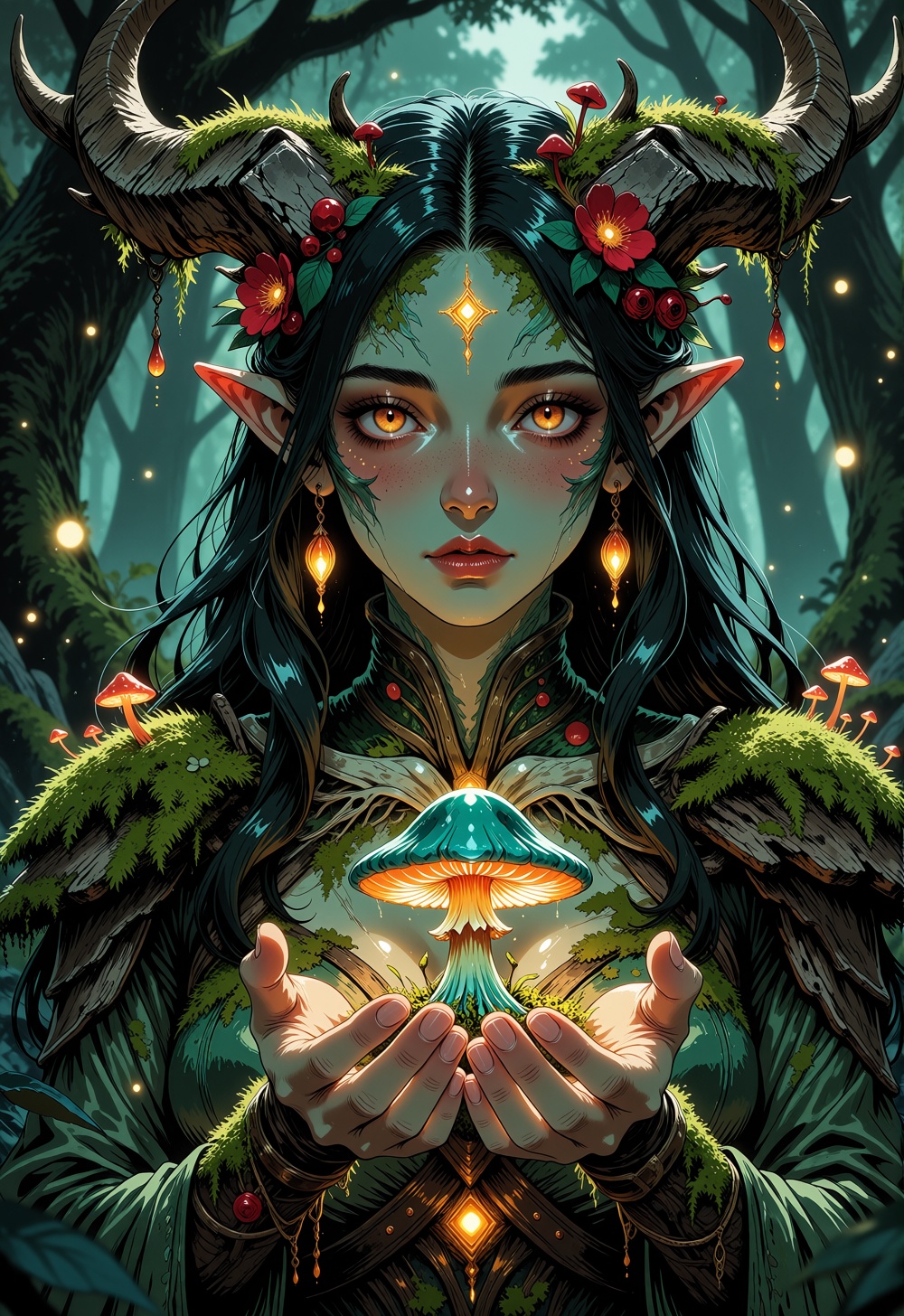 watercolor print,  fantasy book style,  A young ***** forest guardian faces the viewer in perfect vertical symmetry at twi...