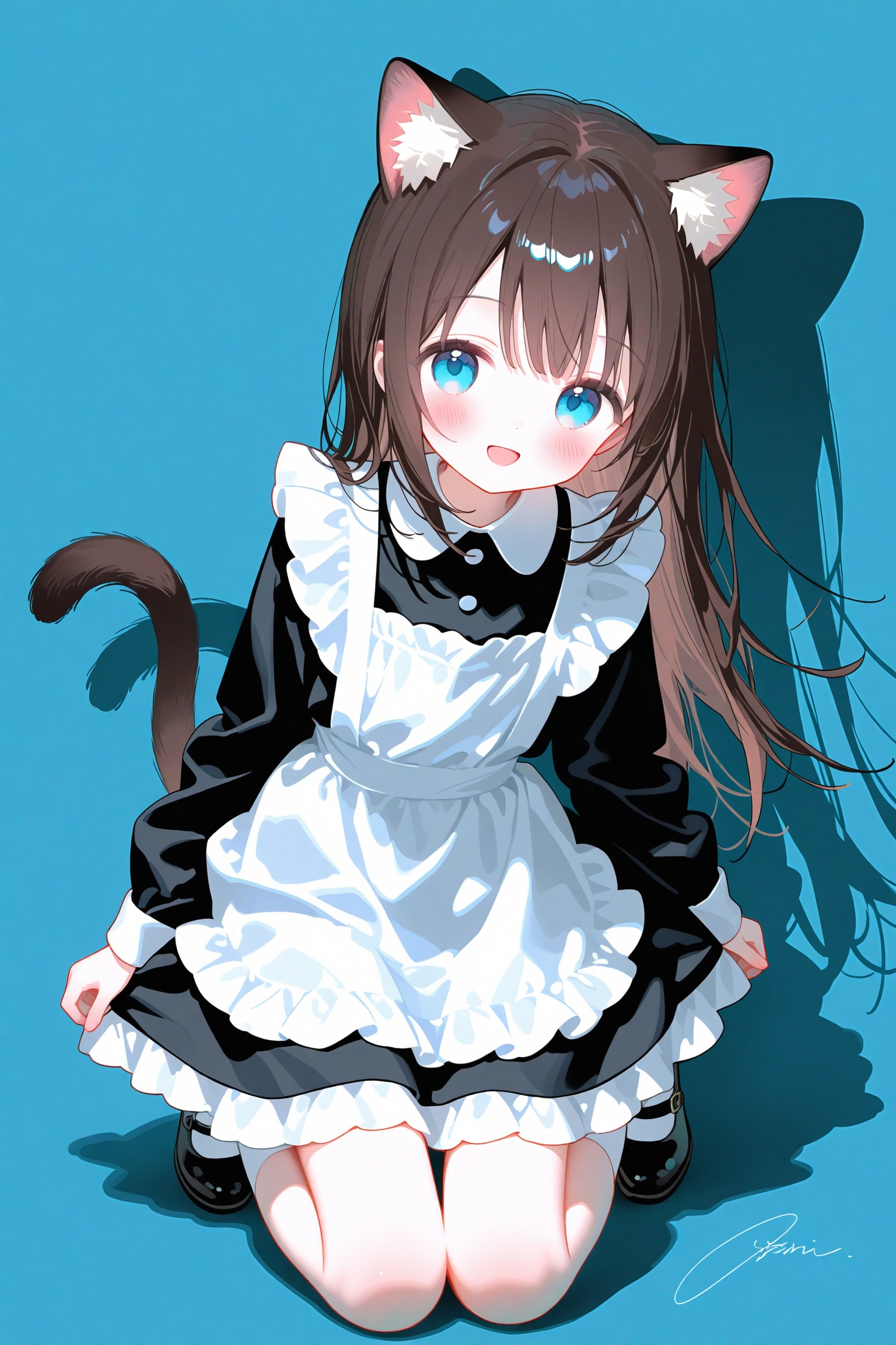 1girl,:d,animal ear fluff,animal ears,apron,black footwear,blue background,blue eyes,brown hair,cat ears,cat girl,cat tail,dot nose,dress,frilled apron,frilled dress,frills,kneeling,looking at viewer,maid,maid apron,open mouth,shadow,short dress,signature,simple background,smile,socks,solo,tail,watermark,white socks,