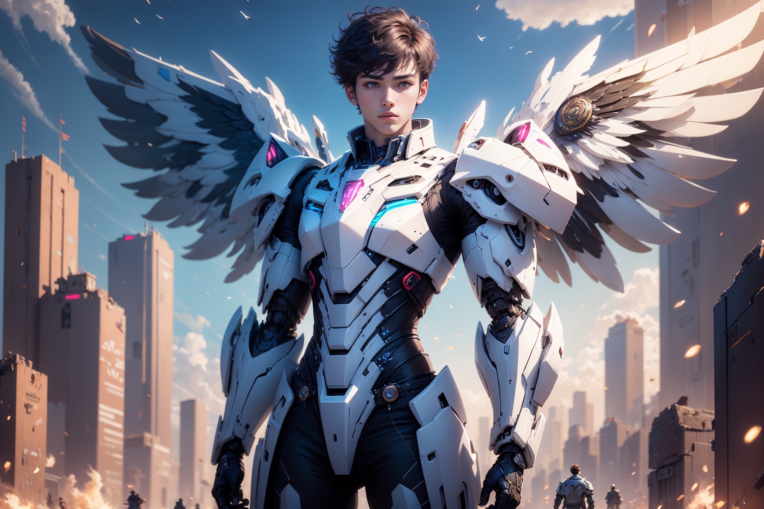 1boy,concept artwork,black hair,(a lonely solo boy:1.4),sky,wing,wings with fans,graphics card fan,strong male mecha warrior,mighty and domineering,cool mecha,32k,blue and white color scheme,white armor,white_background,standing,cowboy_shot,<lora:ASuo_v1:1>,